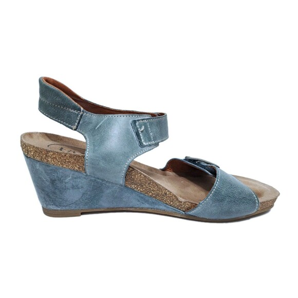 Taos Womens 8-8.5 Buckle Up Wedge Sandals Turquoise Blue Ankle Strap Heels - Picture 4 of 10